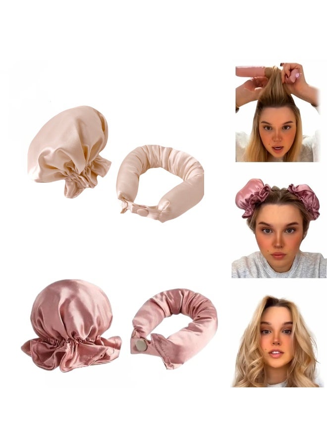 VIUAUAX New Satin Heat-Free Curling Kit with Curling Wand and Hair Cap, Overnight Curler for Long-Lasting Curls，Curling wand for big waves without damaging hair (4 Set, Pink & Beige) - Image 1